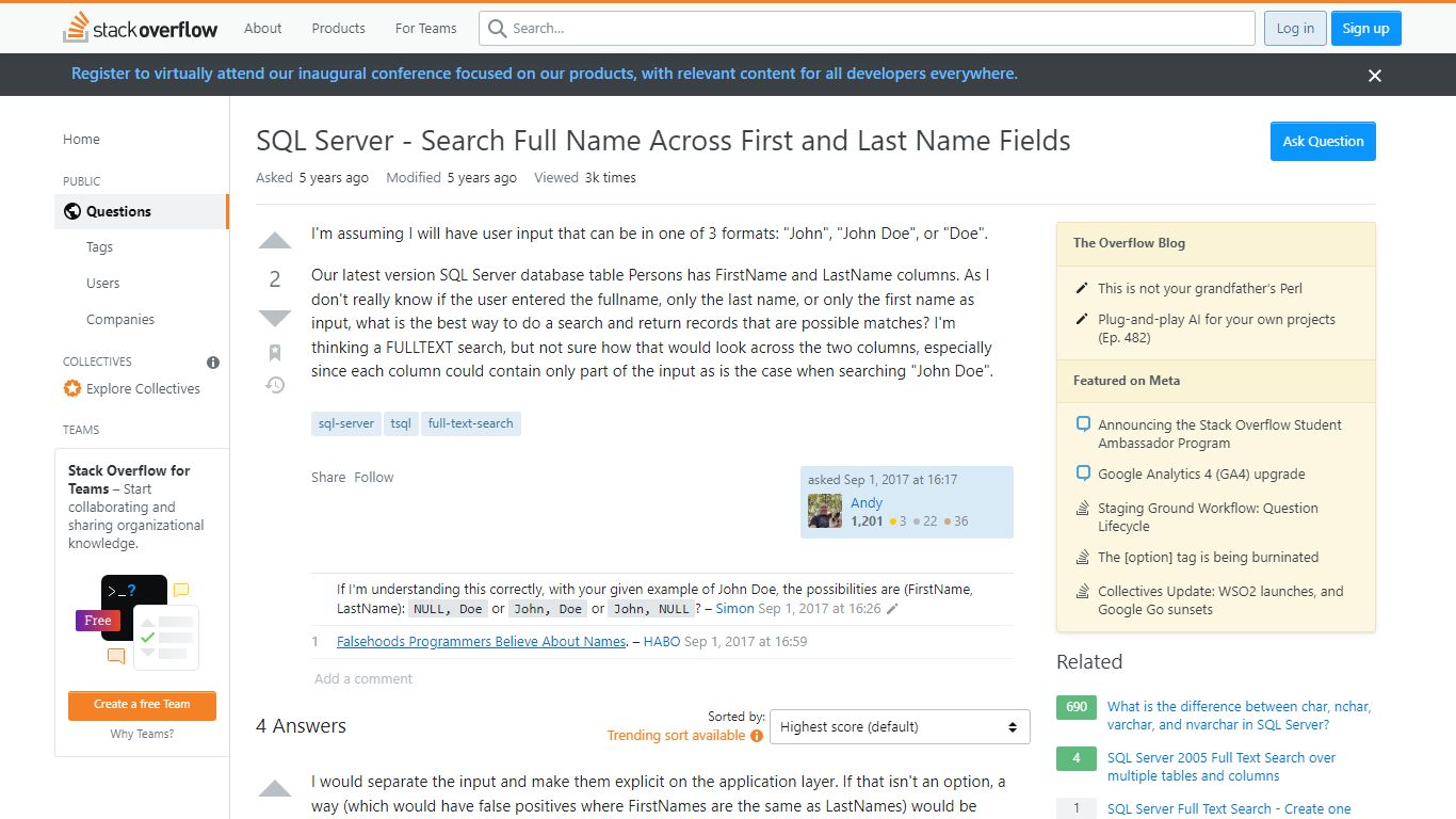 SQL Server - Search Full Name Across First and Last Name Fields